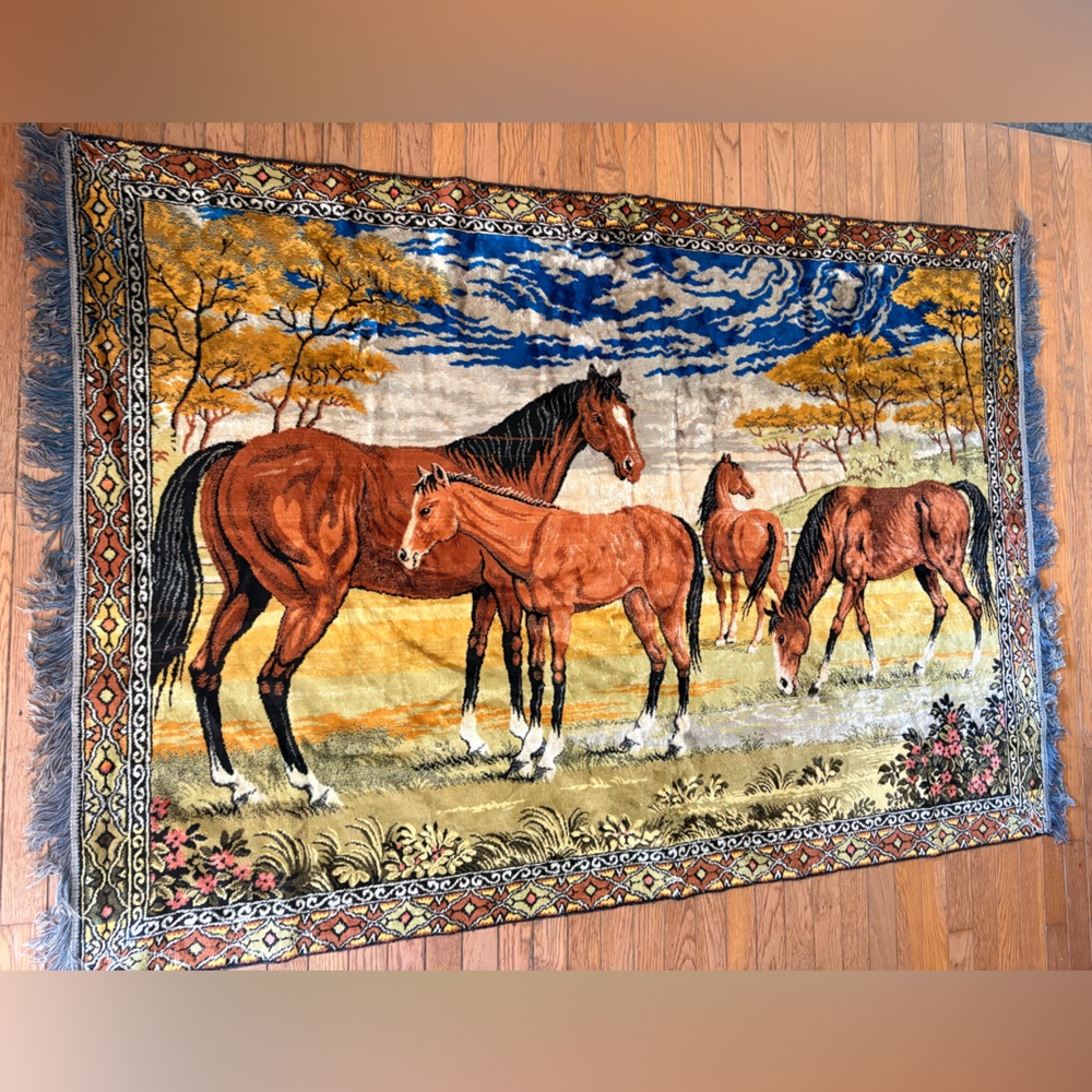 Vintage Horse Motif Tapestry 
- Brown & Blue